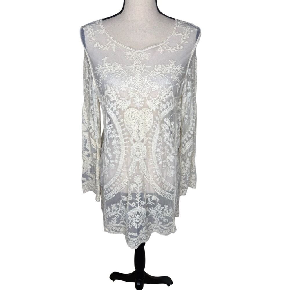 Ivory Mesh Embroidered Tunic Top/Dress Size S Fairycore, Coquette, Gypsy